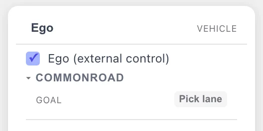 The Attributes panel for a vehicle named Ego, with the "Ego (external control)" checkbox ticked and the COMMONROAD group open below it showing a Goal row with a "Pick lane" button