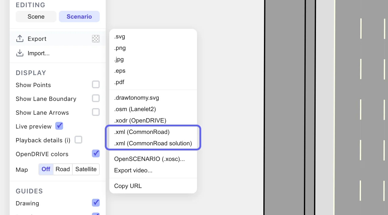 The Export menu listing .xml (CommonRoad) and .xml (CommonRoad solution) next to Lanelet2 and OpenDRIVE