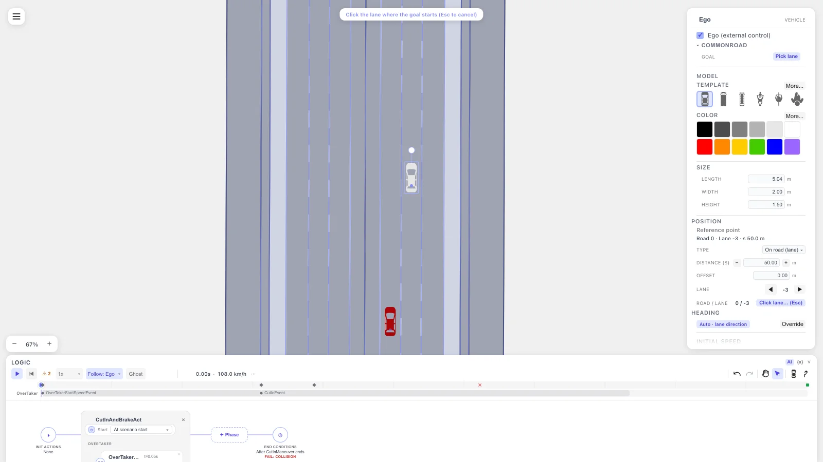 The drawtonomy canvas with the hint "Click the lane where the goal starts (Esc to cancel)" at the top, the lanes tinted blue, and the Attributes panel on the right showing the Goal row with the Pick lane button pressed