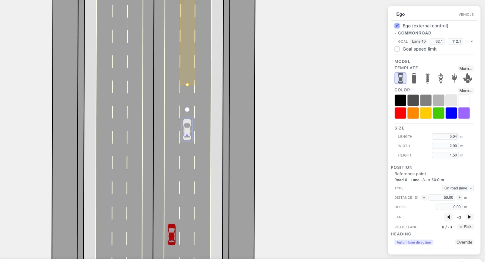 The drawtonomy canvas before Play: a 50 m goal stretch highlighted in tan on the right lane, and the Attributes panel for the Ego showing "Ego (external control)" ticked the Goal row reading "Lane 10" with 62.1 to 112.1 m next to it