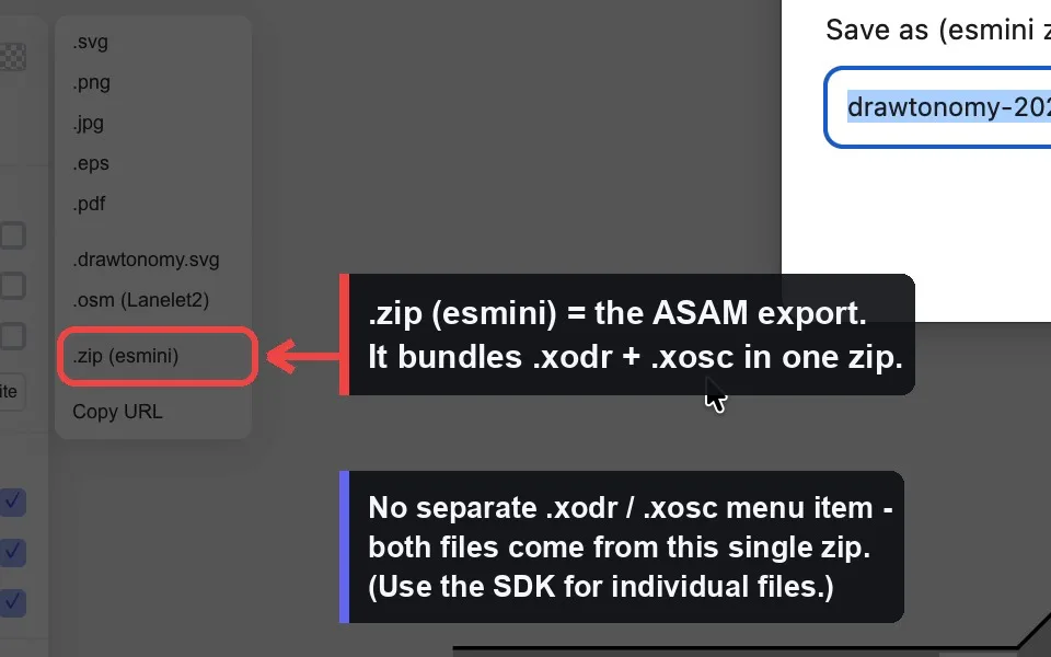 Das Export-Untermenü mit hervorgehobenem .zip (esmini)-Eintrag