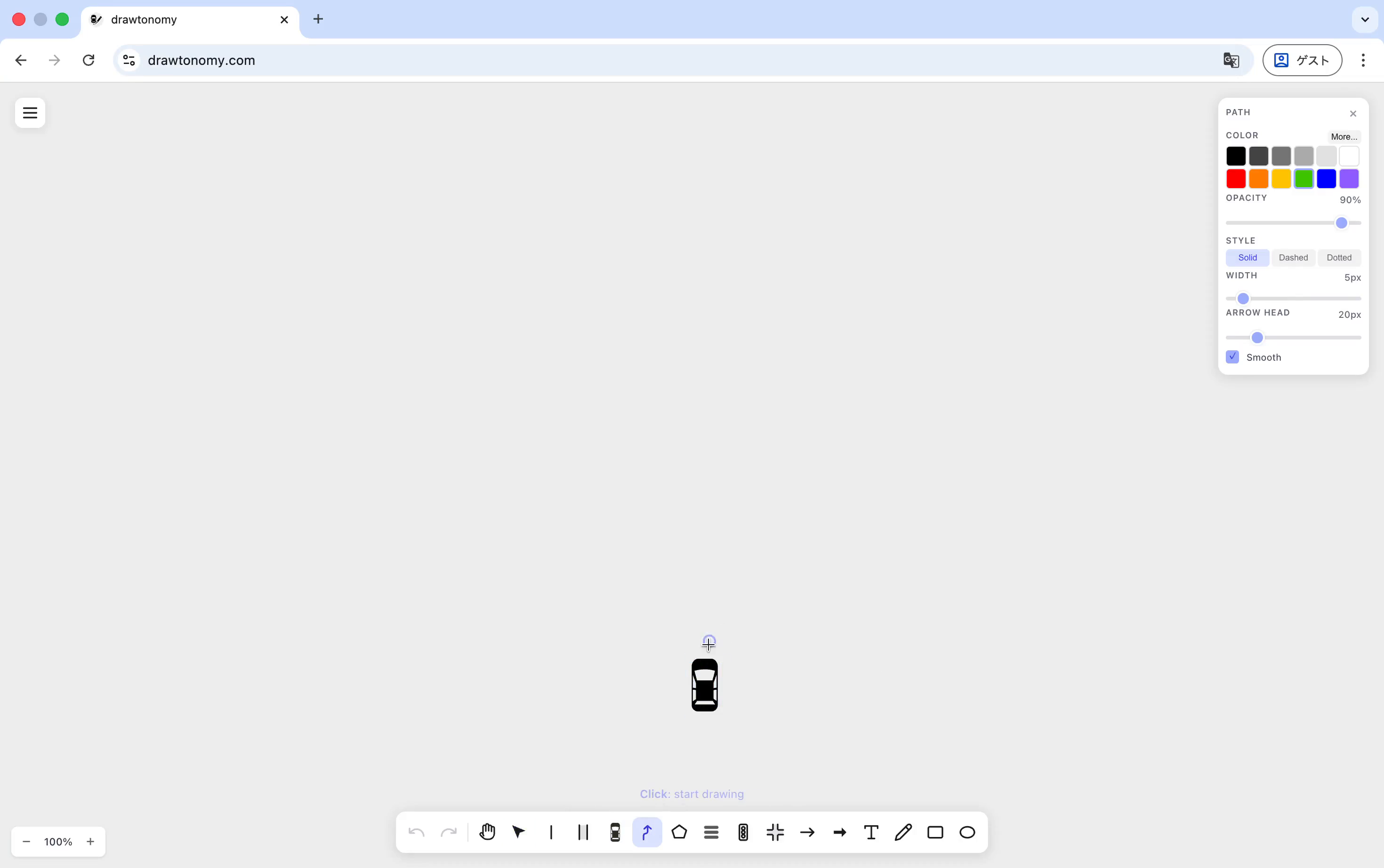 Path tool panel — Color, Opacity 90%, Style Solid, Width 5px, Arrow Head 20px, Smooth checked