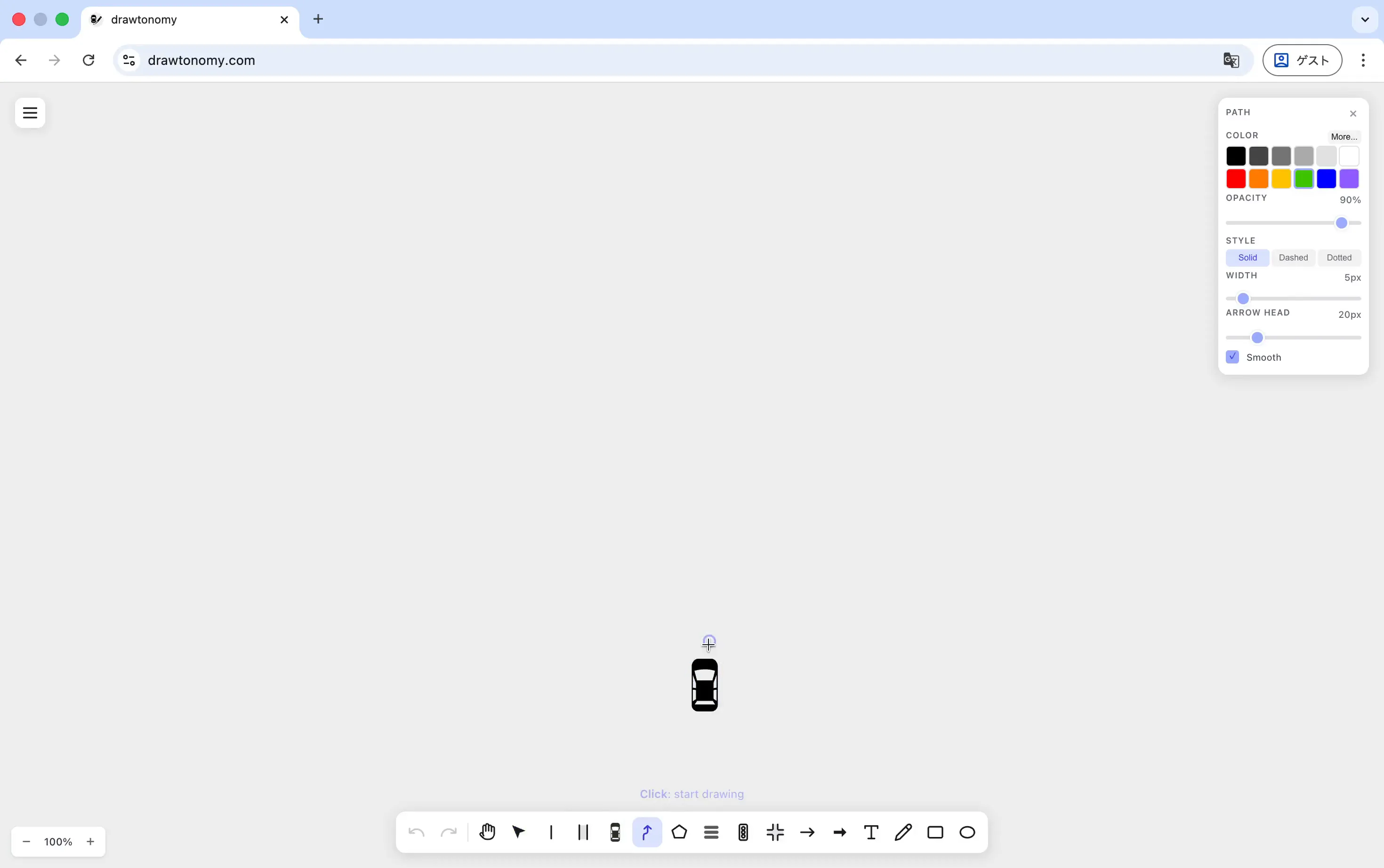 Path tool panel — Color, Opacity 90%, Style Solid, Width 5px, Arrow Head 20px, Smooth checked