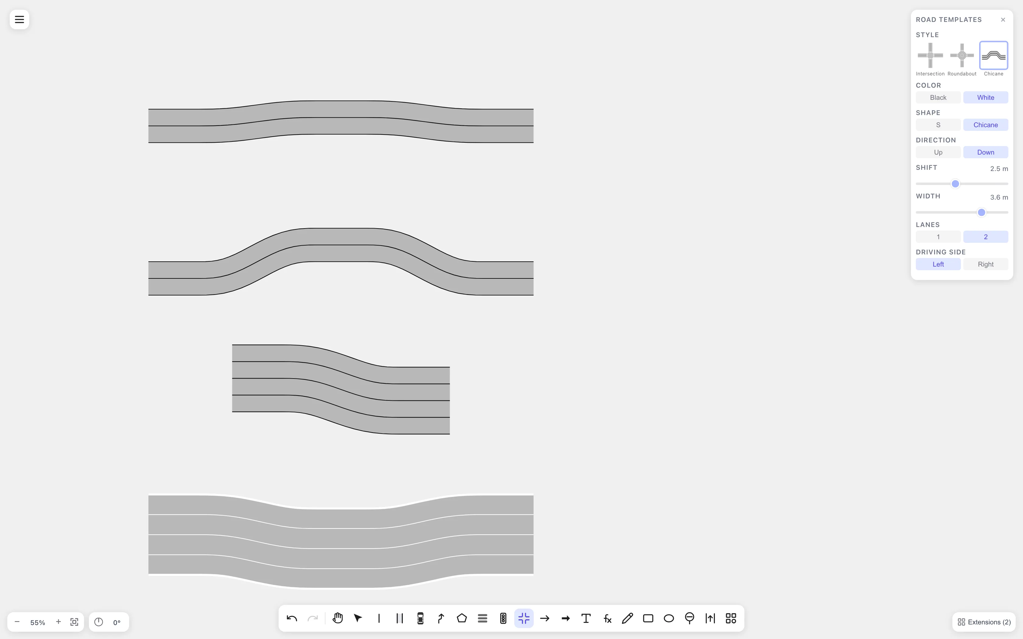 Chicane panel with the Shift slider, and four chicanes of the same length: 1.5 m and 6 m shifts, a 4 m S-bend with two lanes per direction, and a wide white-line chicane