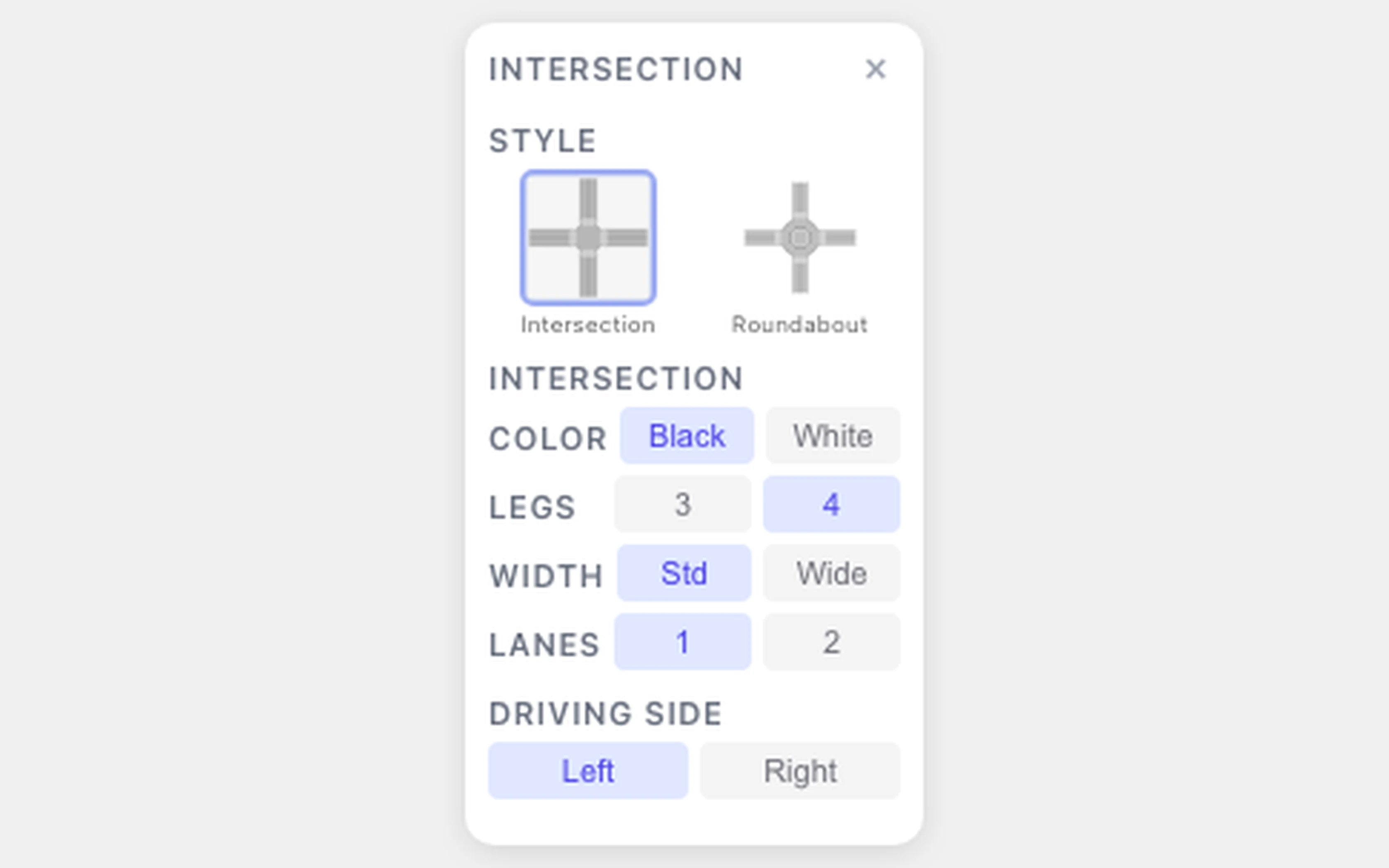 Intersection panel — Color, Legs, Width and Lanes