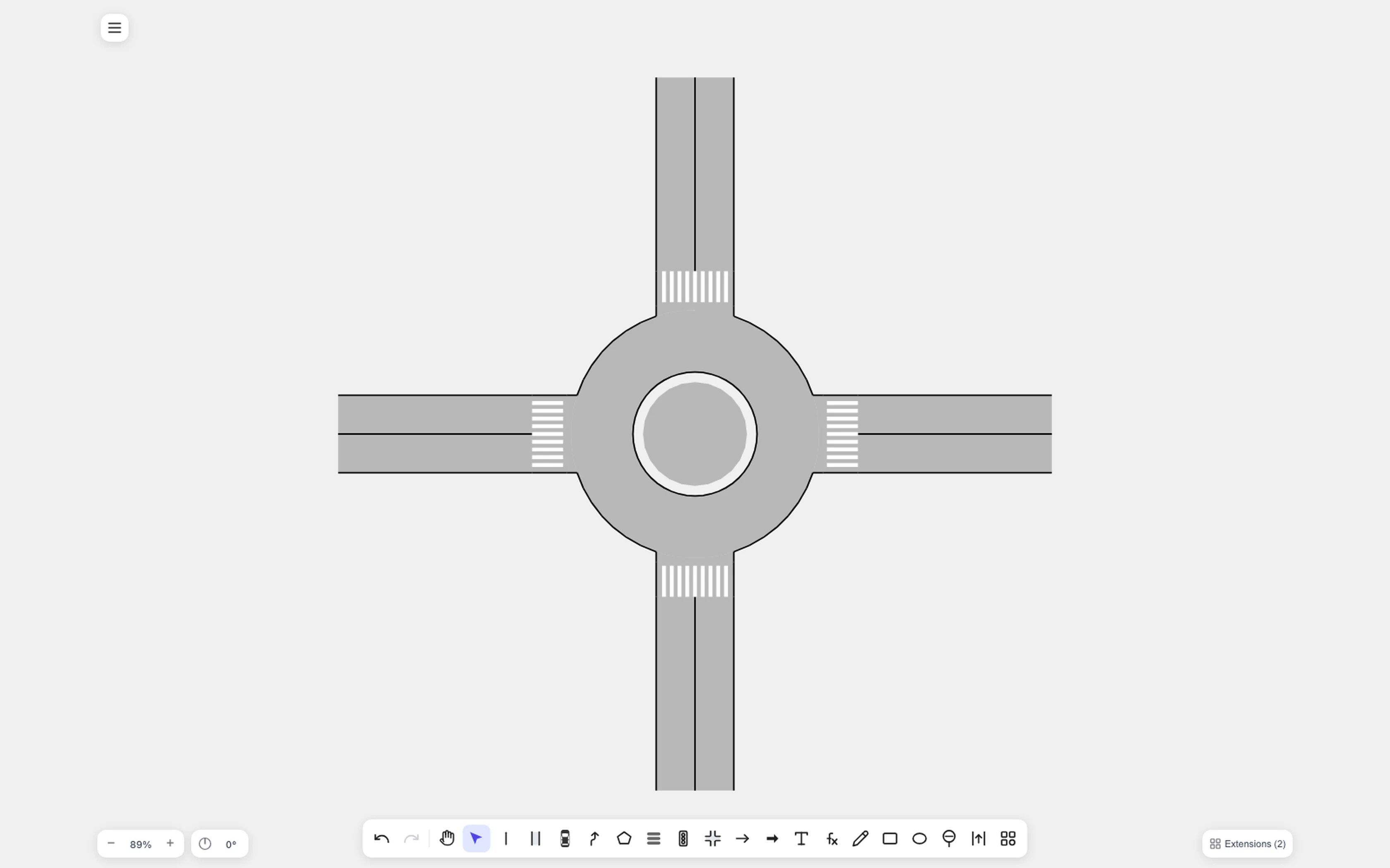 Four-leg roundabout, standard width, one lane per direction