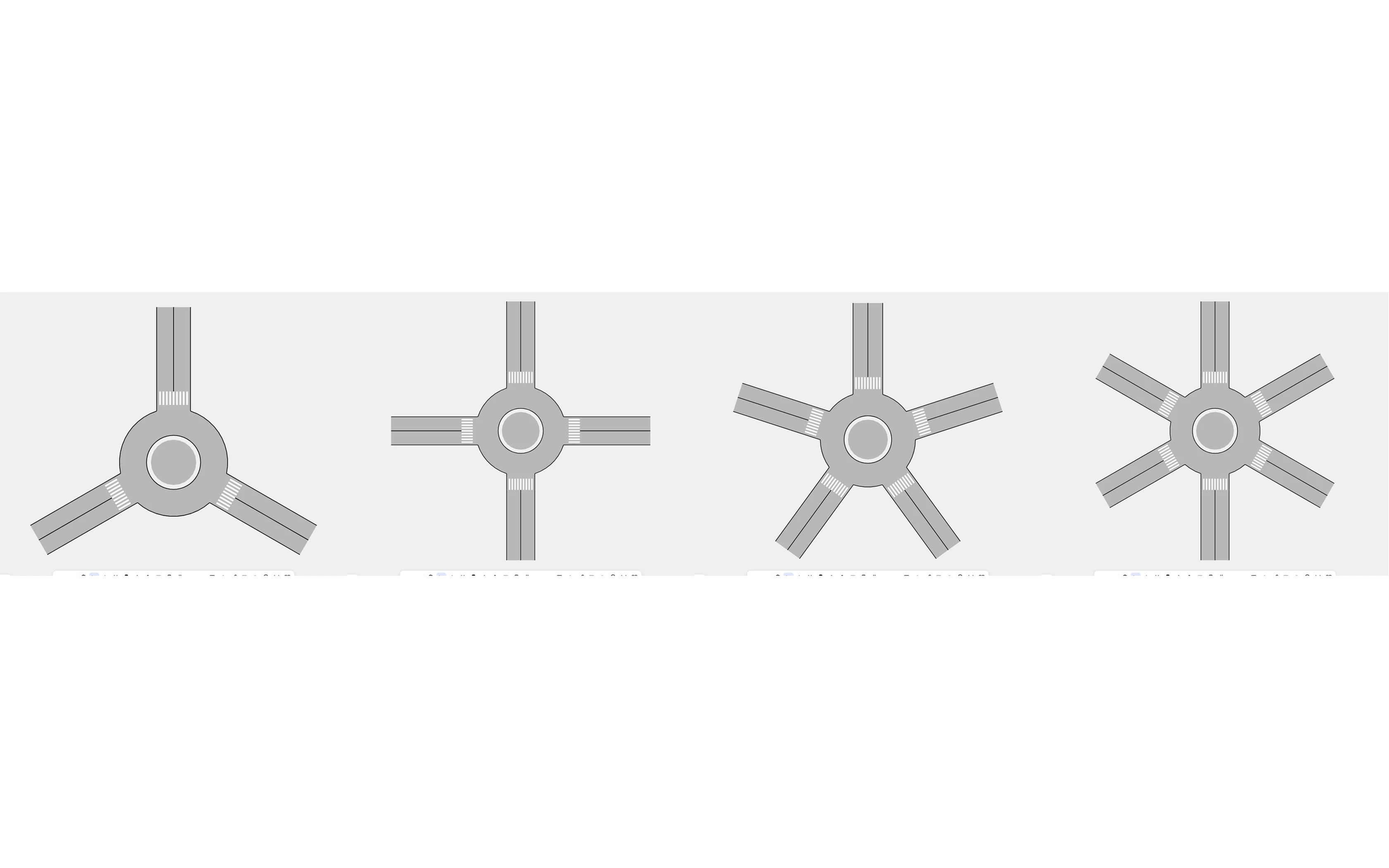 Roundabouts with three, four, five and six legs