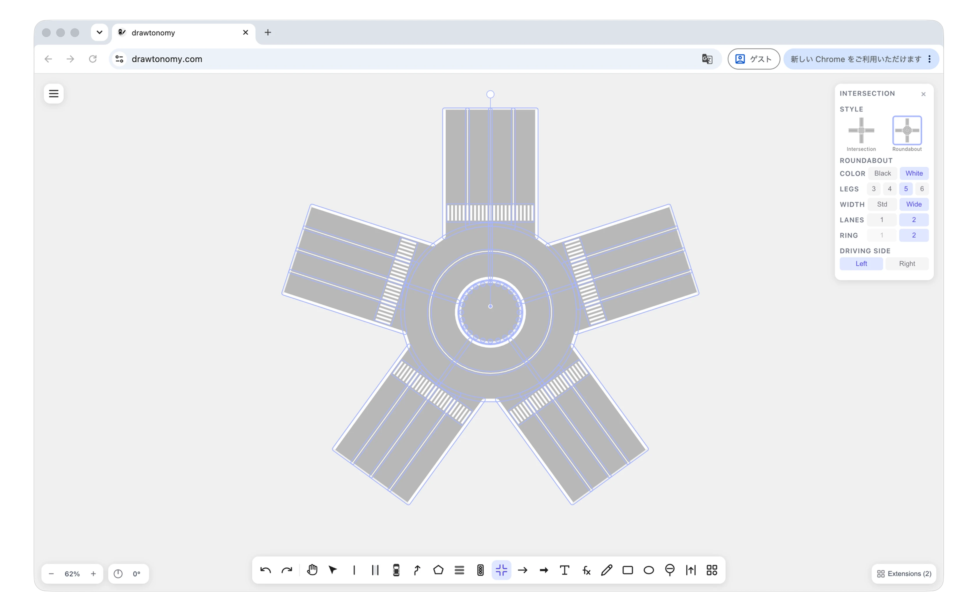 The Intersection tool with the Roundabout style selected: Color, Legs, Width, Lanes and Ring rows in the panel, and a five-leg two-lane roundabout in the white line style on the canvas