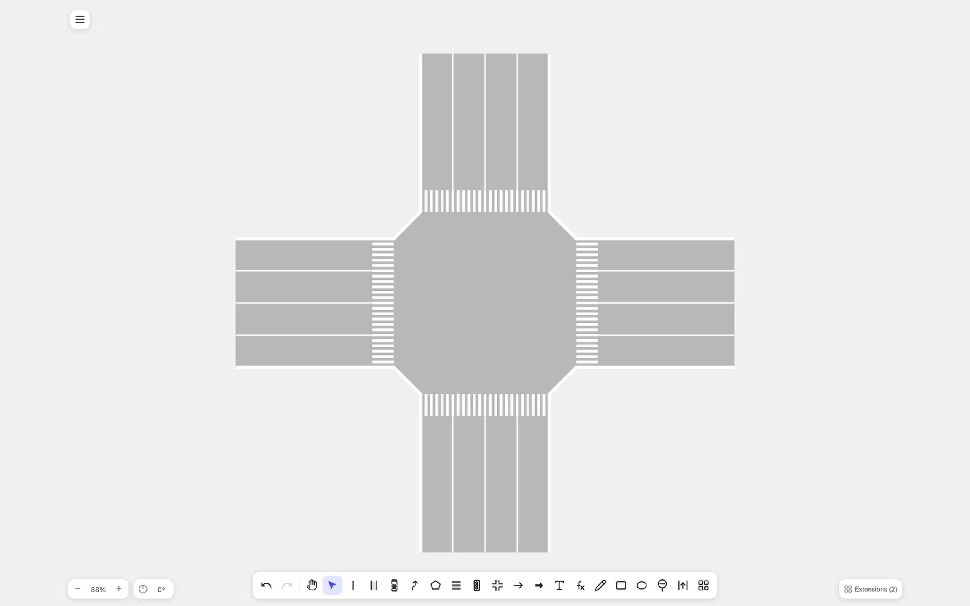 Wide two-lane intersection in the white line style