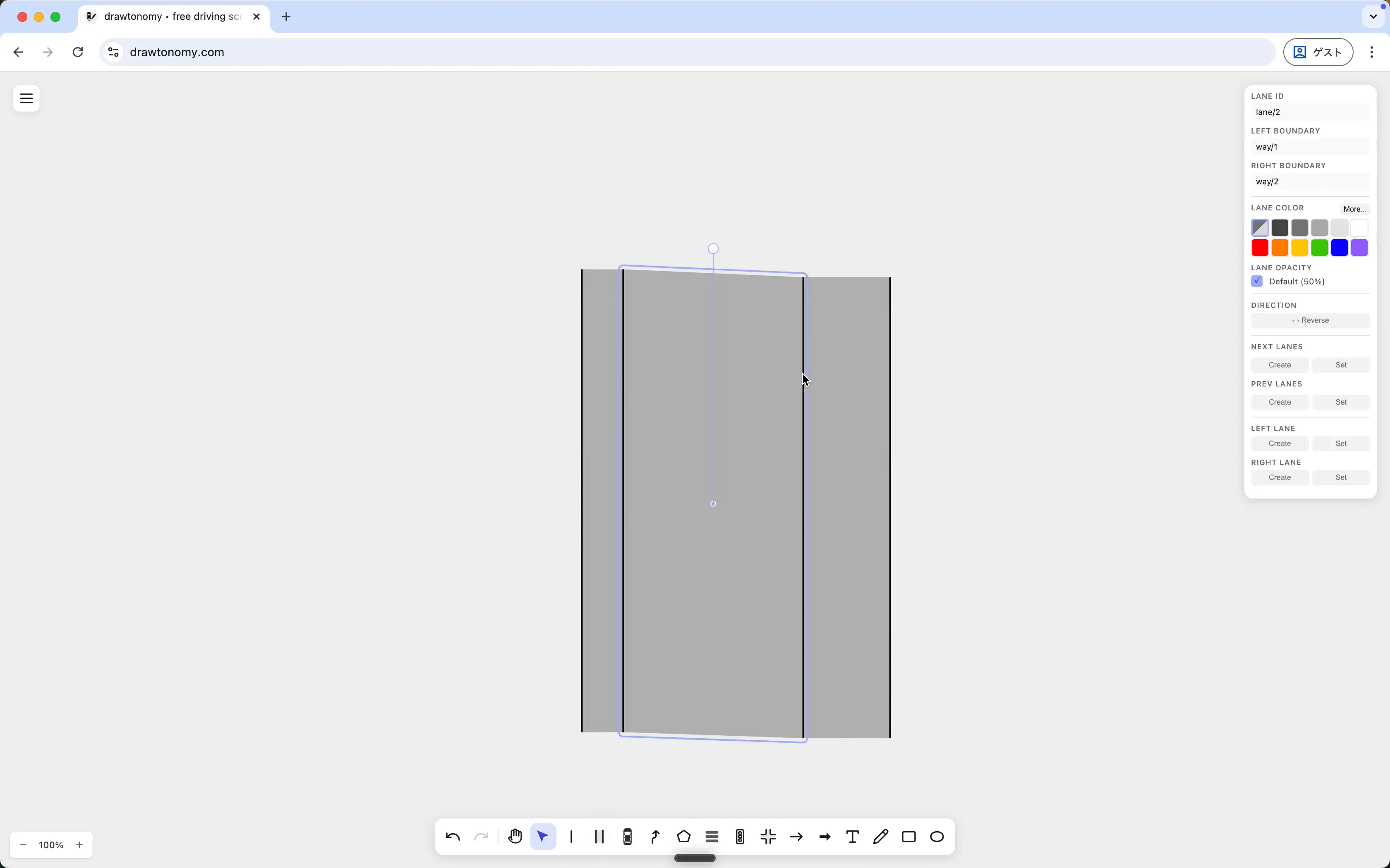 Lane Attribute Panel — Lane ID, shared boundary IDs, Direction, four connection slots