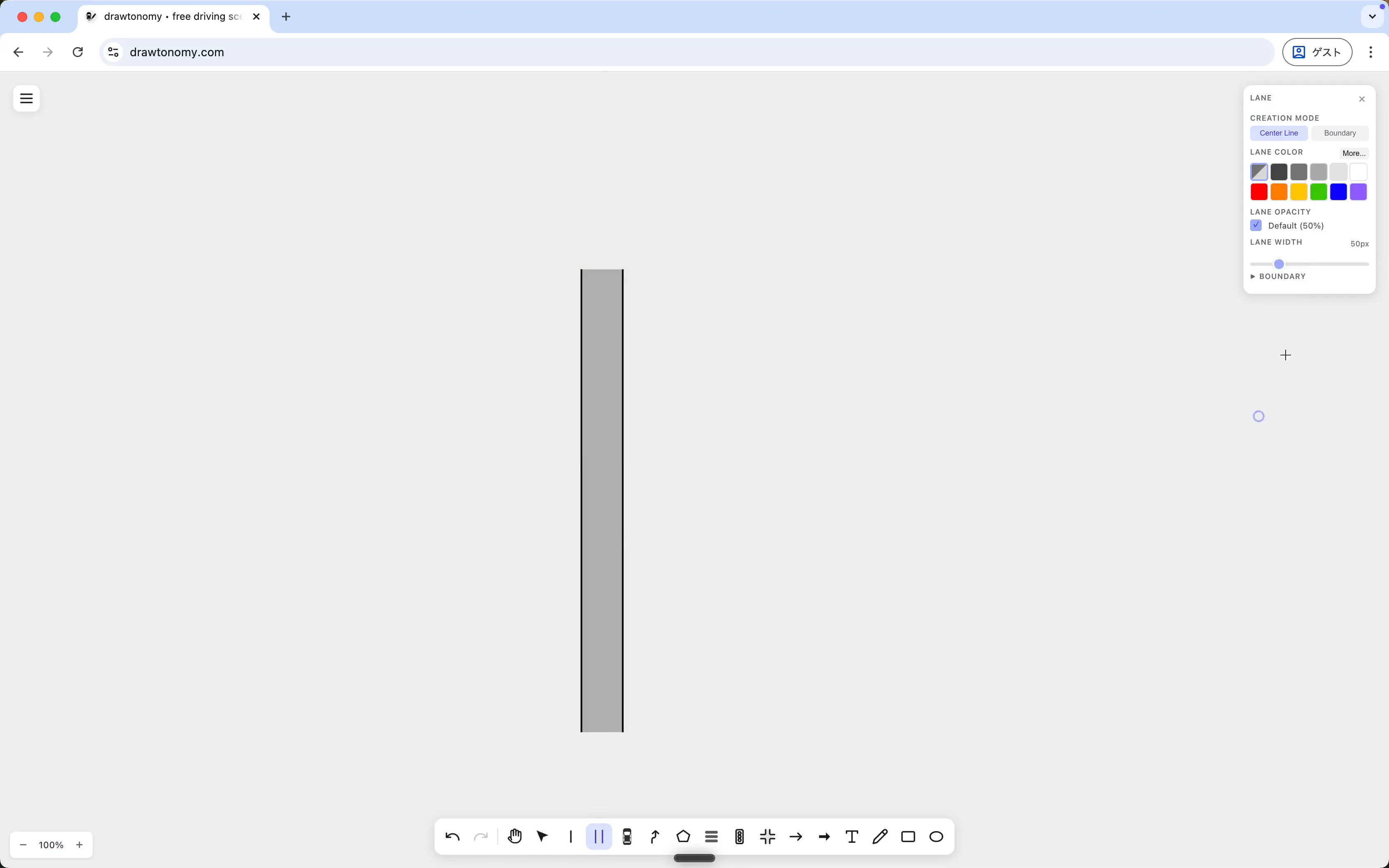 Lane panel — CREATION MODE has Center Line and Boundary buttons; Center Line is selected; Lane Width 50 px