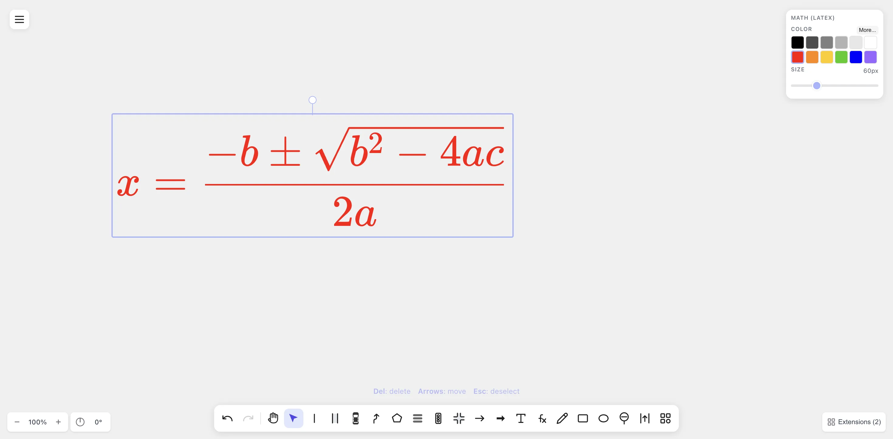Same equation in red at 60 px with the Math (LaTeX) attribute panel showing the color swatch and size slider