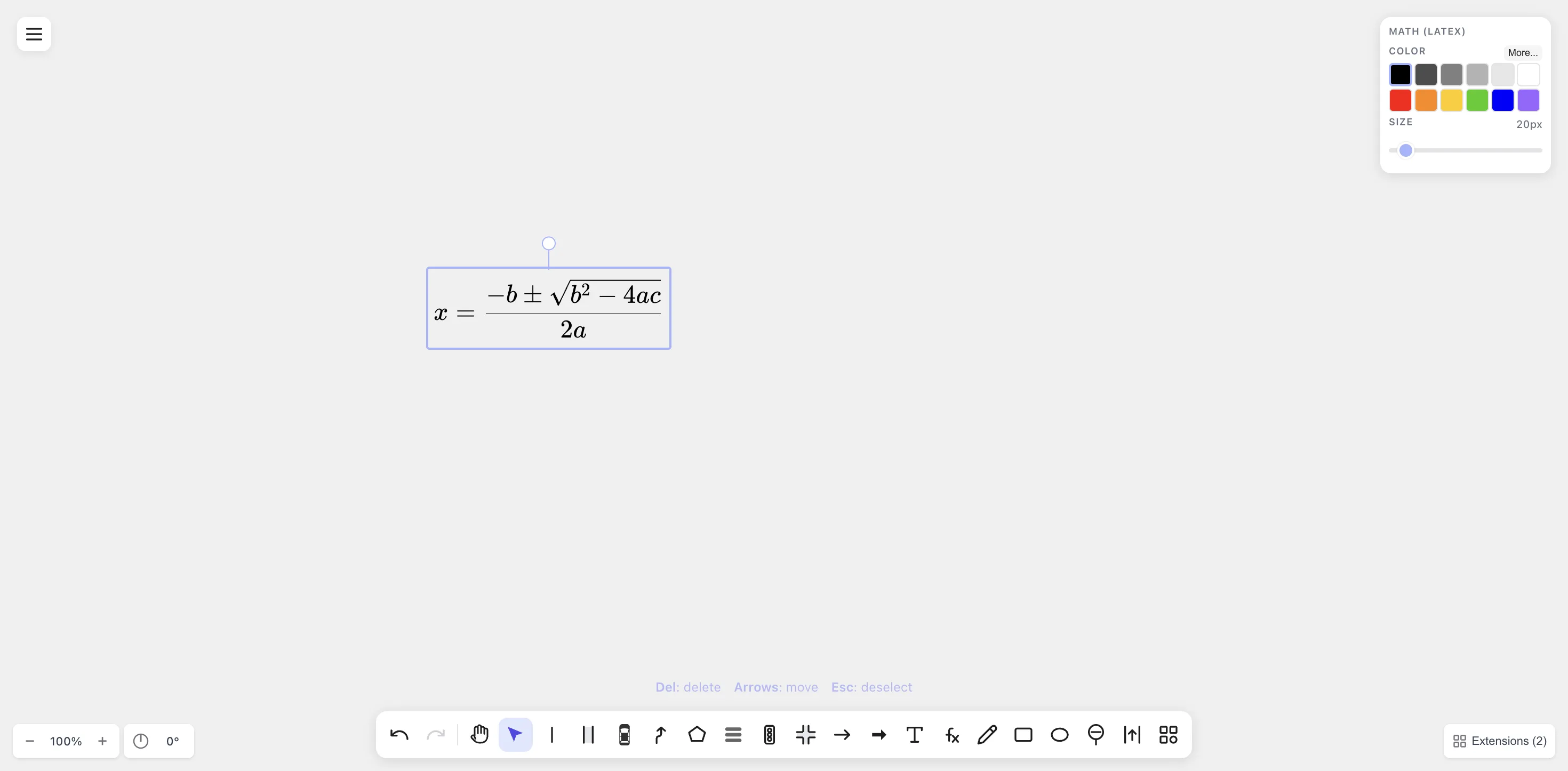 The confirmed equation on the canvas — only the rendered formula is shown, with a selection box around it