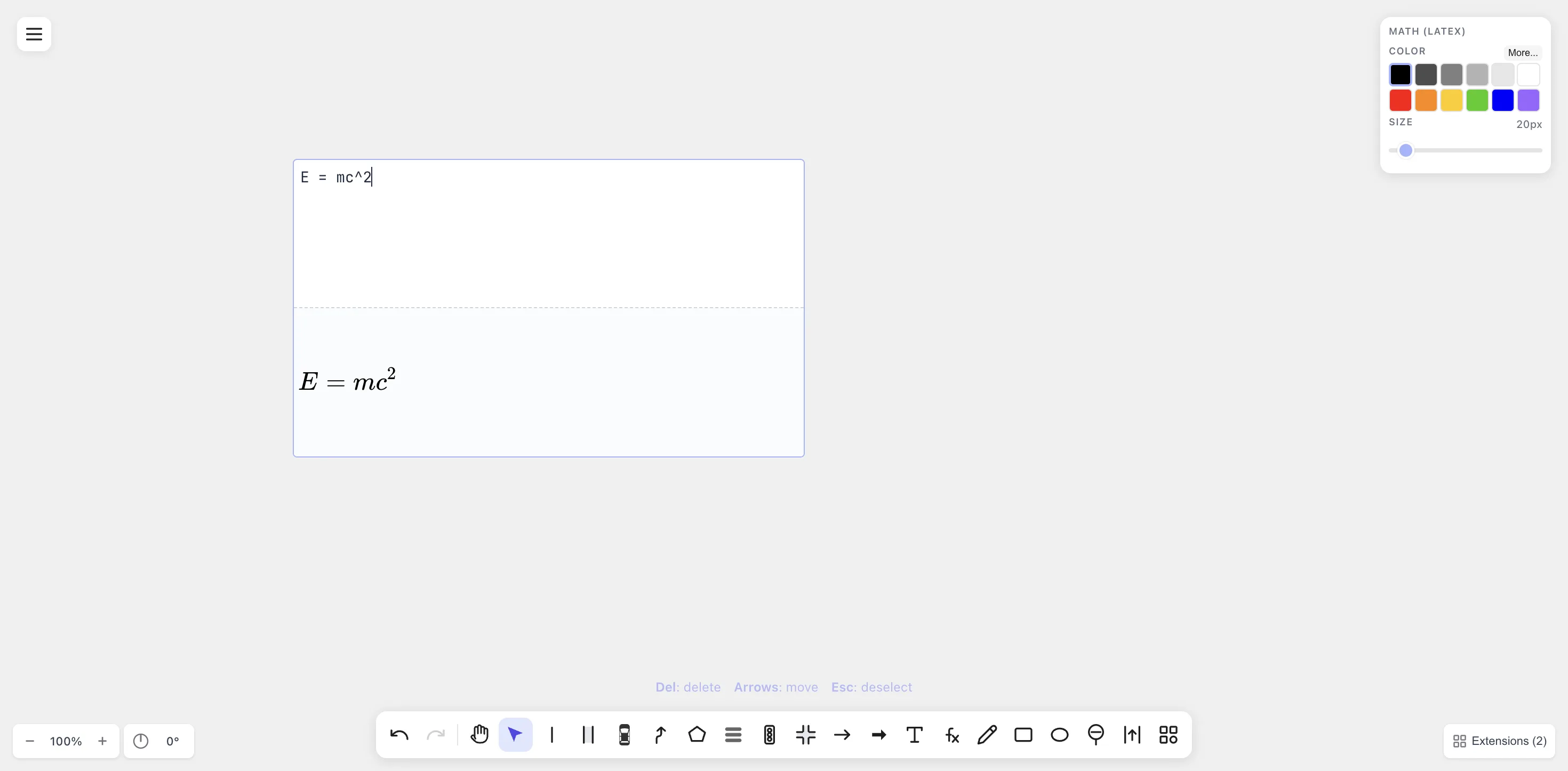 Live KaTeX preview of E = mc^2 — LaTeX source above, rendered equation below