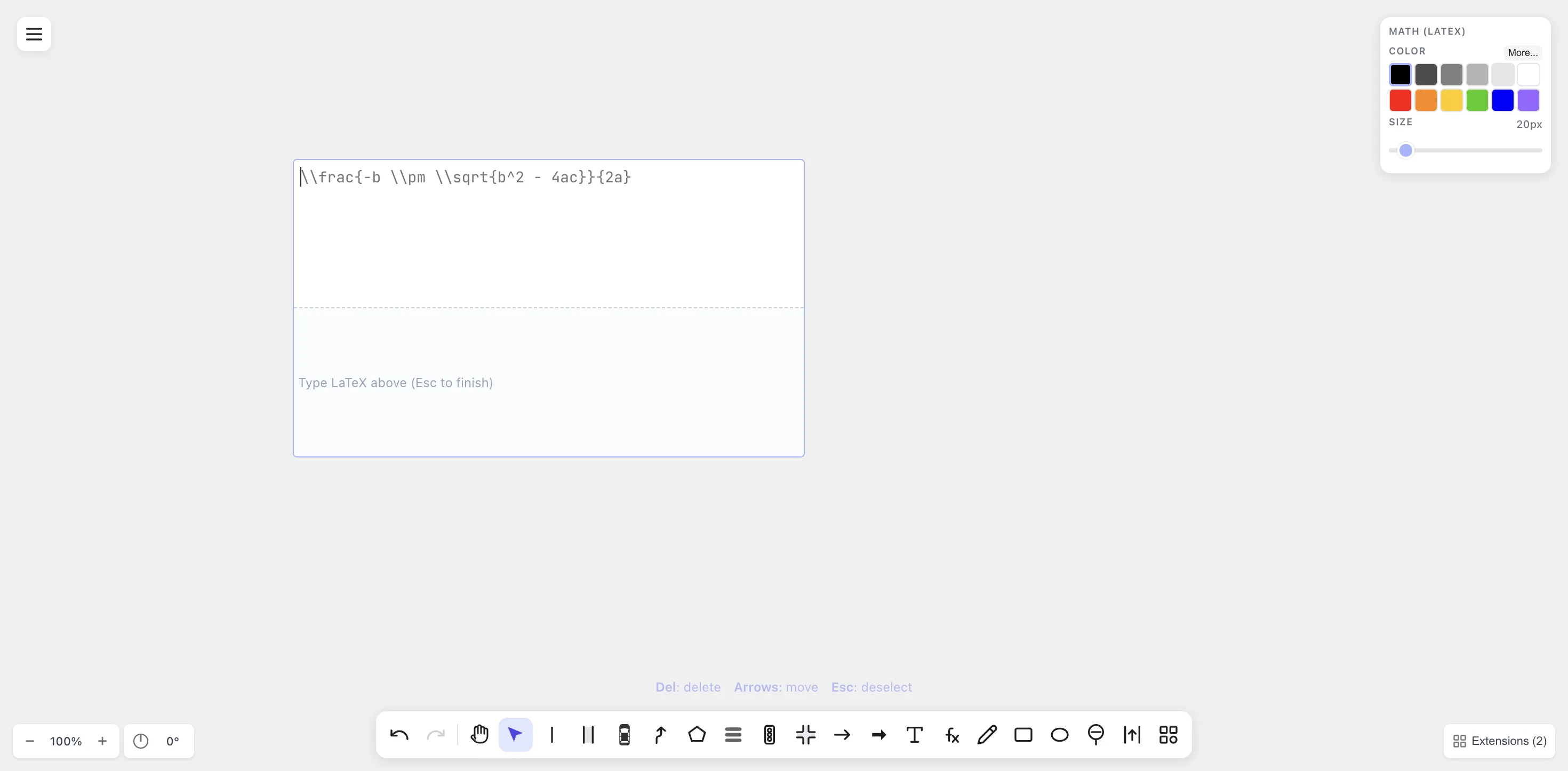 Empty Math editor — top half is a textarea for LaTeX source, bottom half is the live KaTeX preview, with a placeholder example