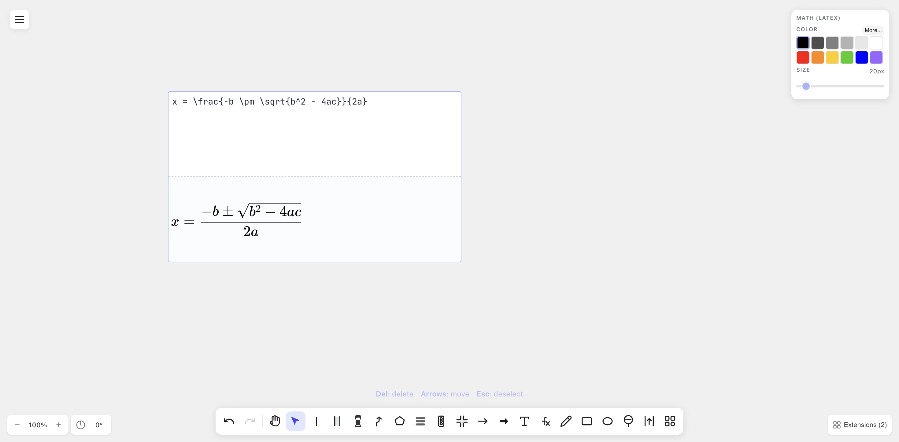 Math editor showing the quadratic formula with fraction, square root, and ± rendered in the live KaTeX preview
