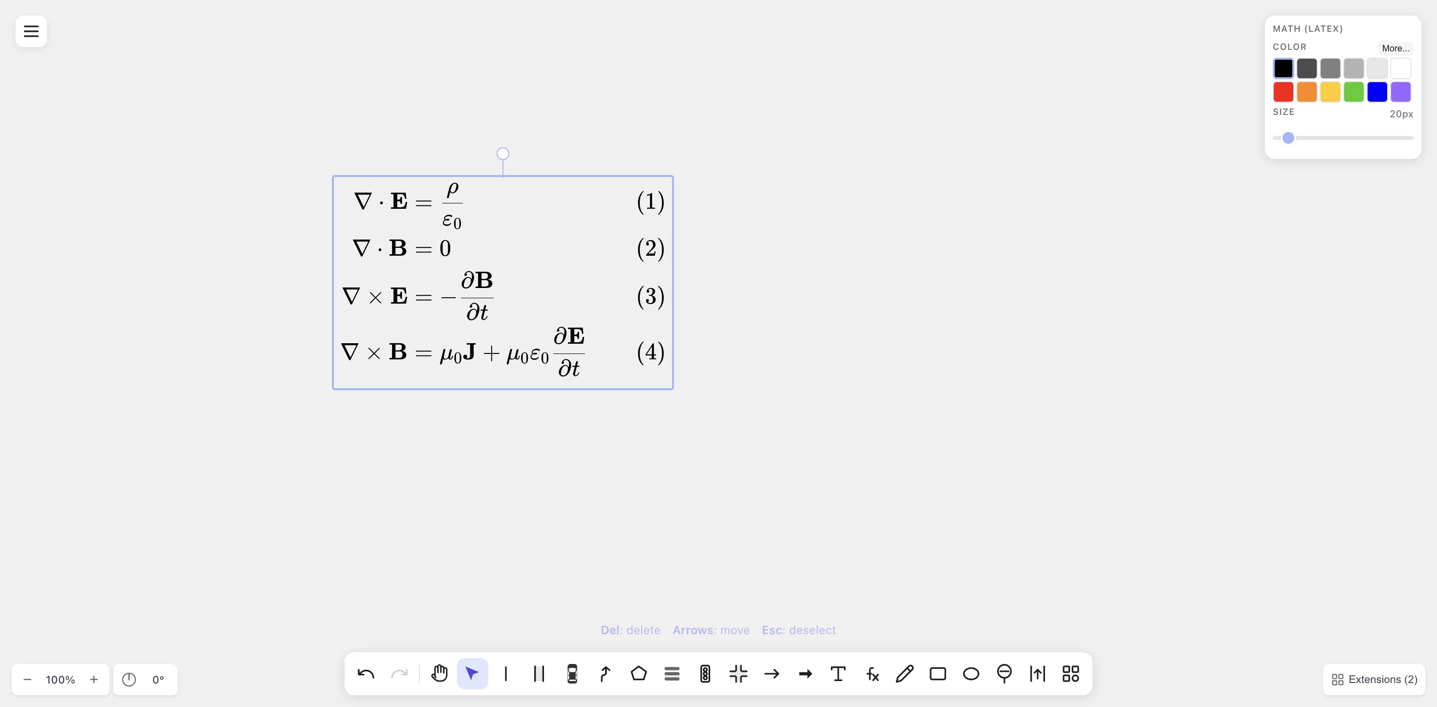 Maxwell's equations rendered as an align environment with equation numbers (1)–(4), directly on the drawtonomy canvas