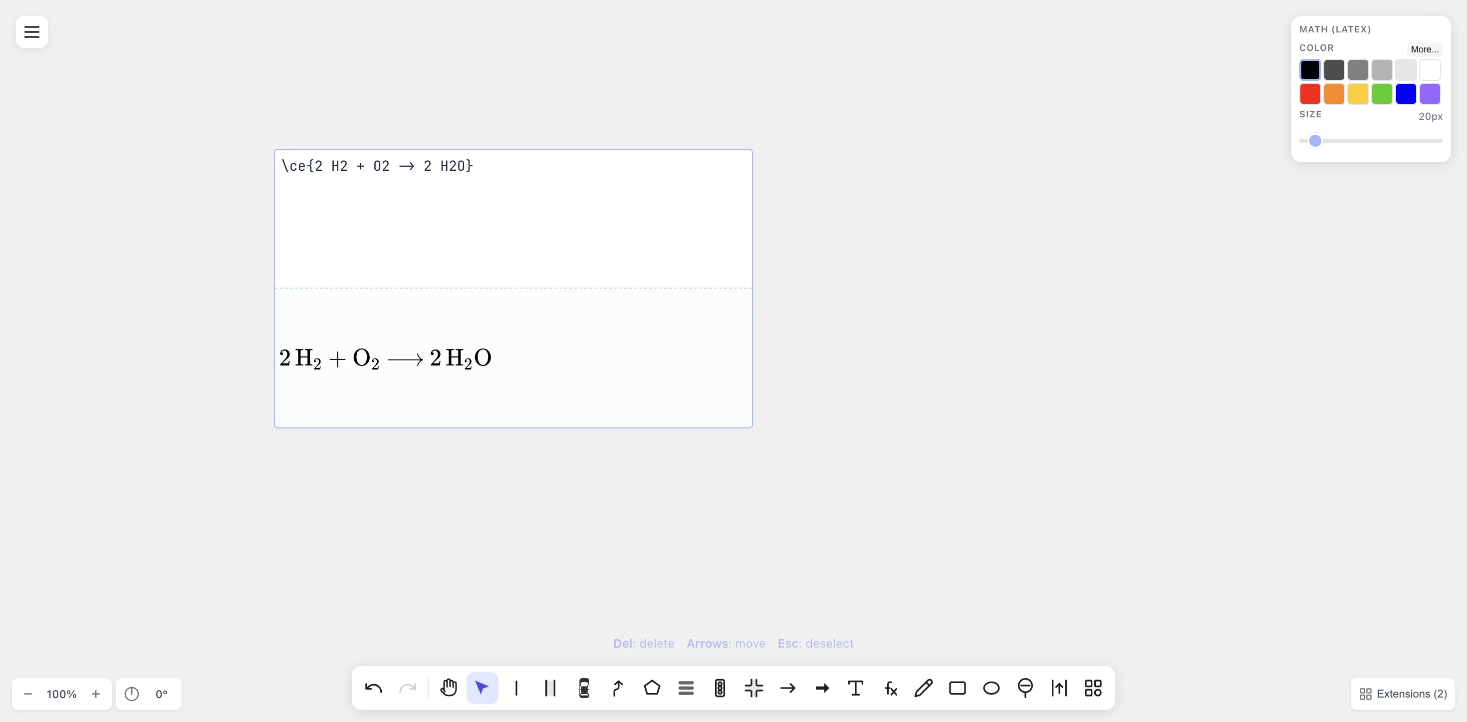 Chemistry equation 2 H2 + O2 → 2 H2O rendered via mhchem