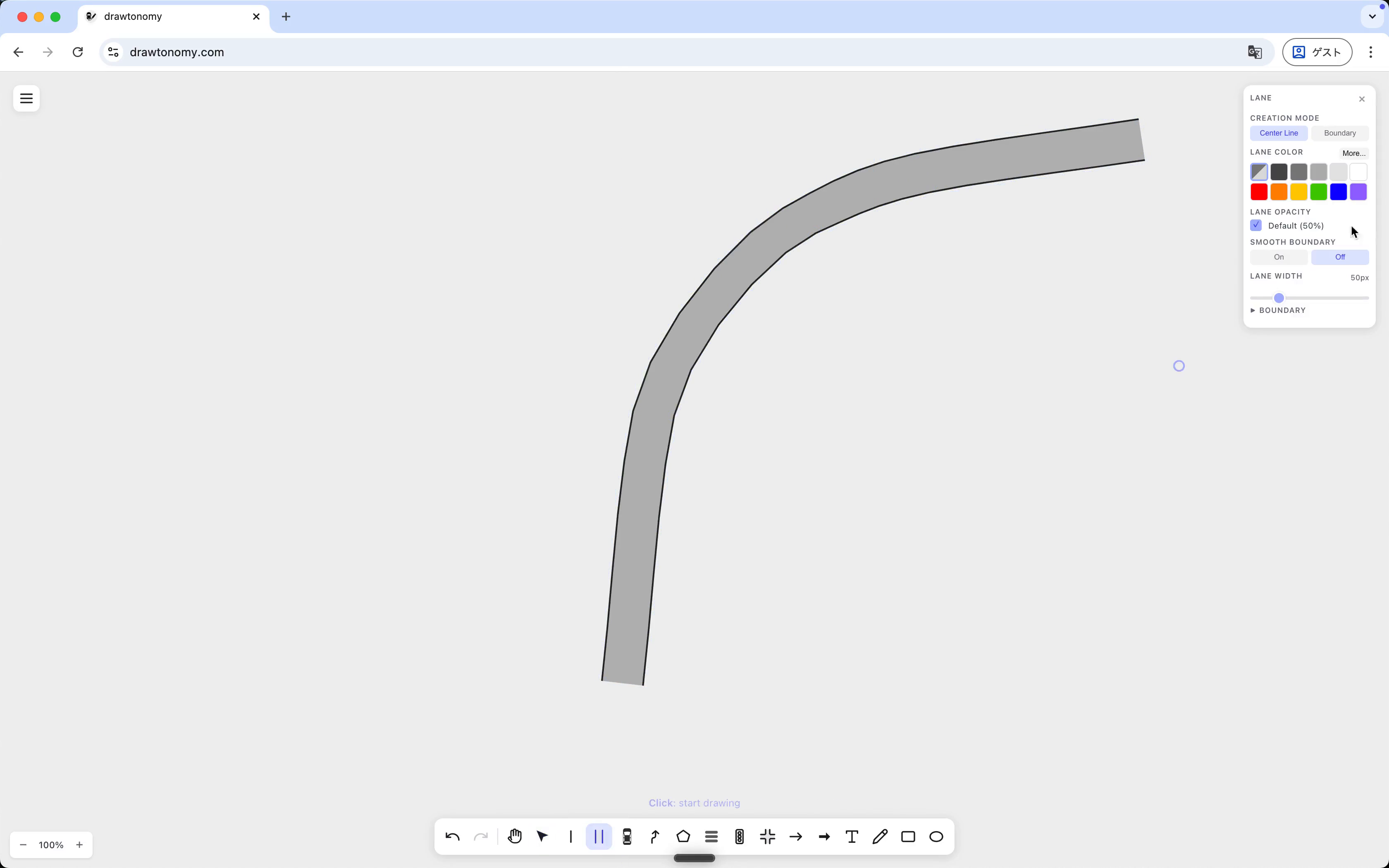 Curving lane drawn with Smooth Boundary off — boundaries are angular polylines