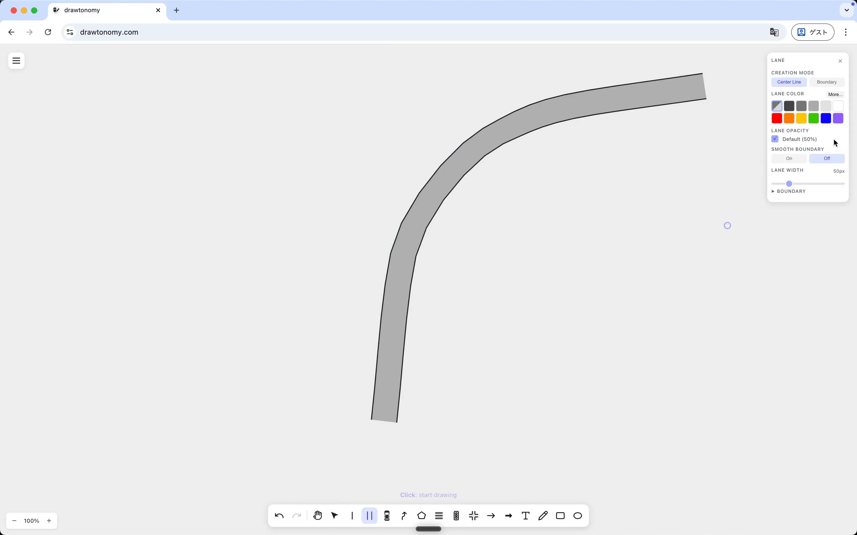 Curving lane drawn with Smooth Boundary off — boundaries are angular polylines