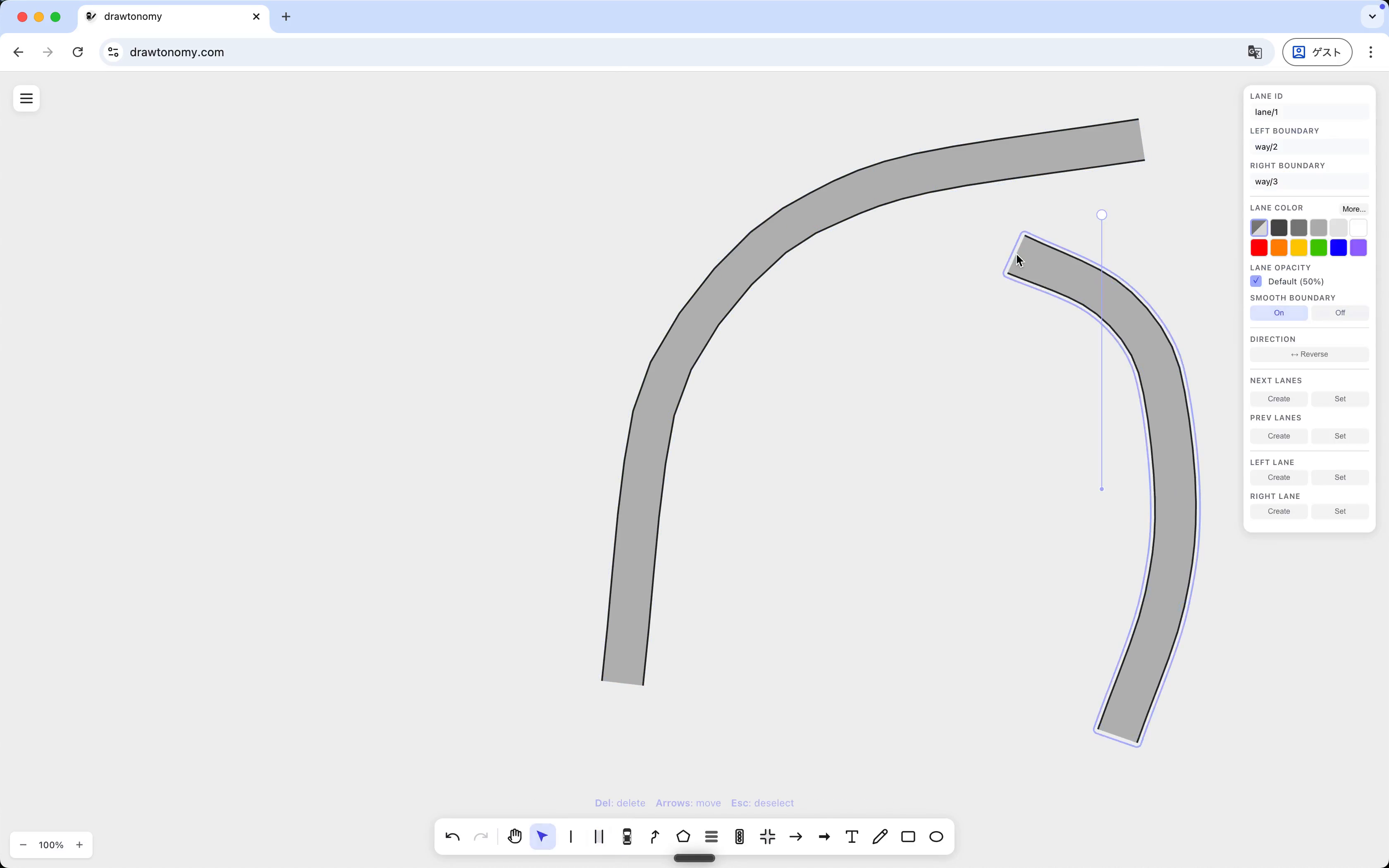 Curving lane drawn with Smooth Boundary on — boundaries follow a smooth curve