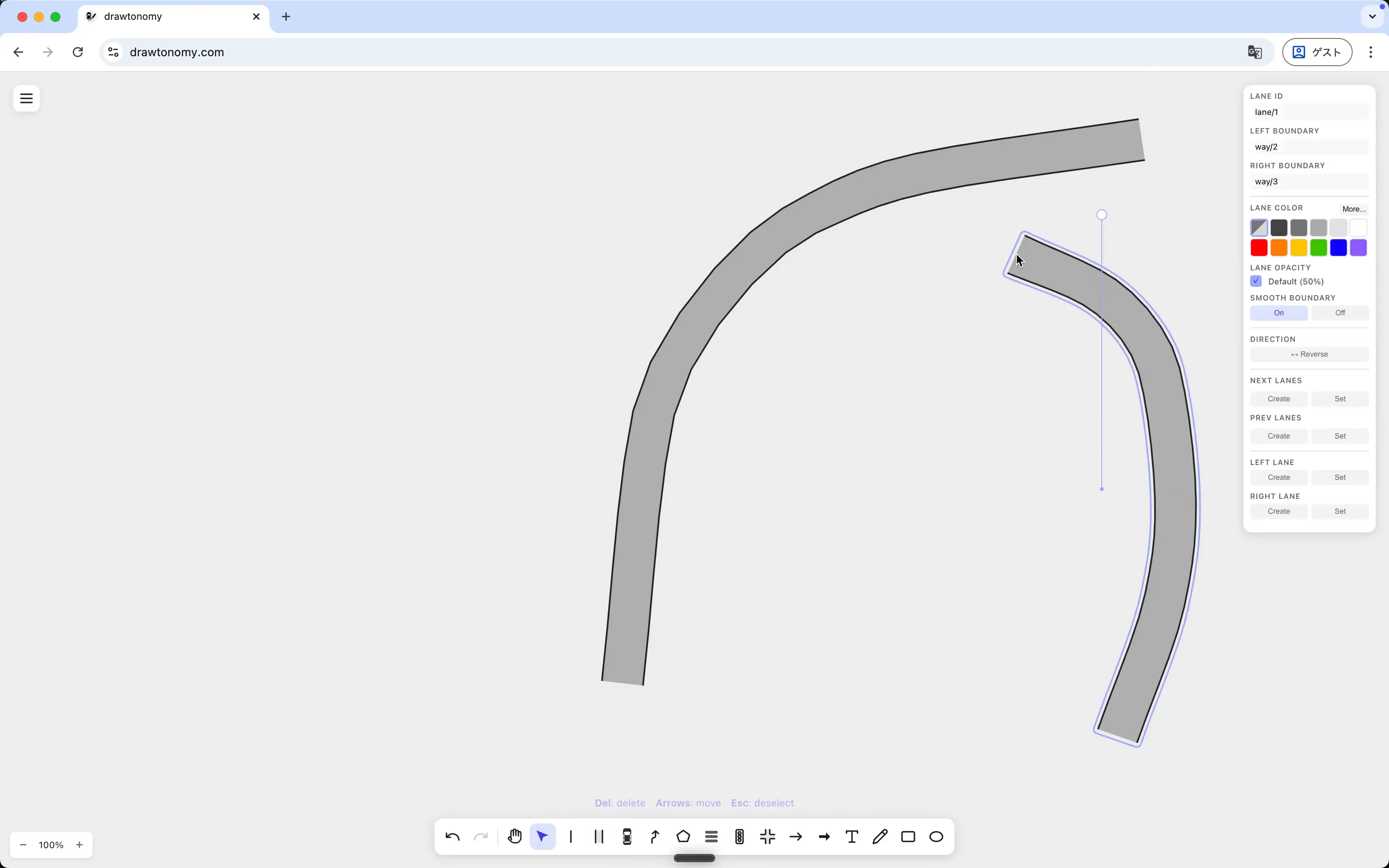 Curving lane drawn with Smooth Boundary on — boundaries follow a smooth curve