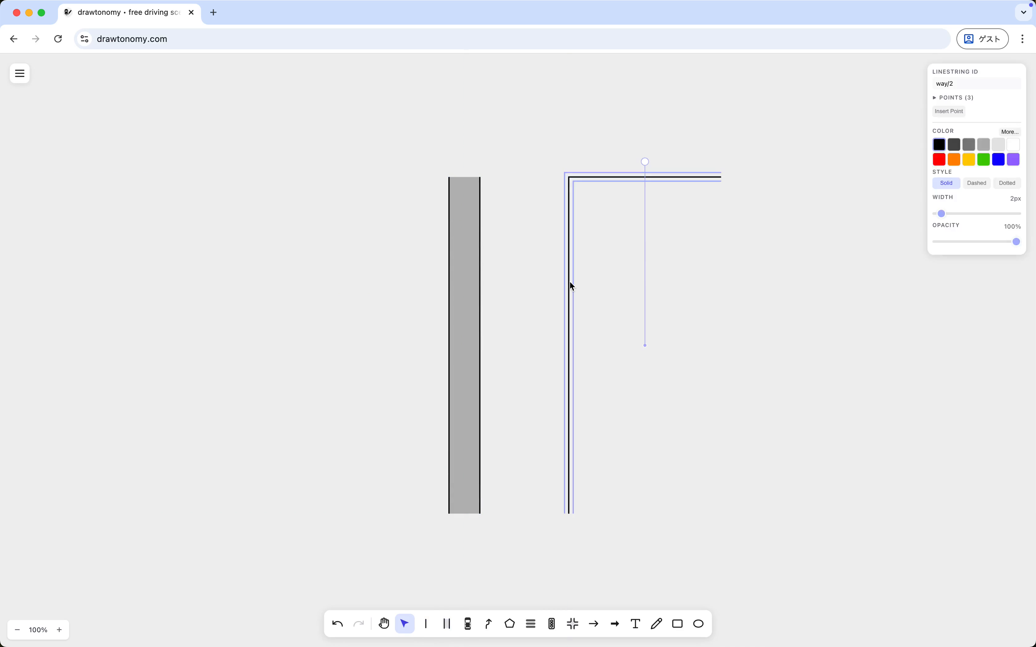 Two linestrings, the second one snapped to the first to form a corner