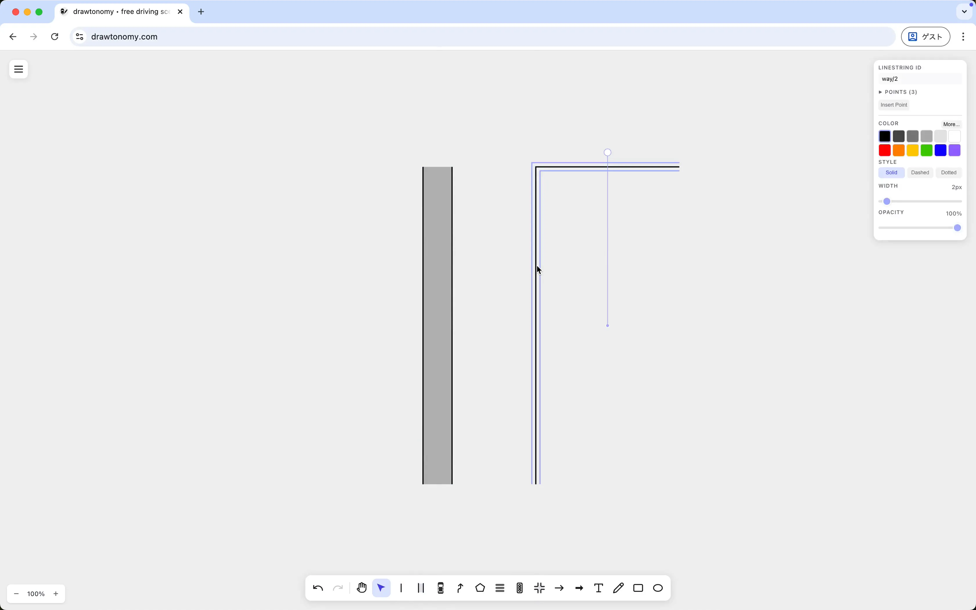 Two linestrings, the second one snapped to the first to form a corner