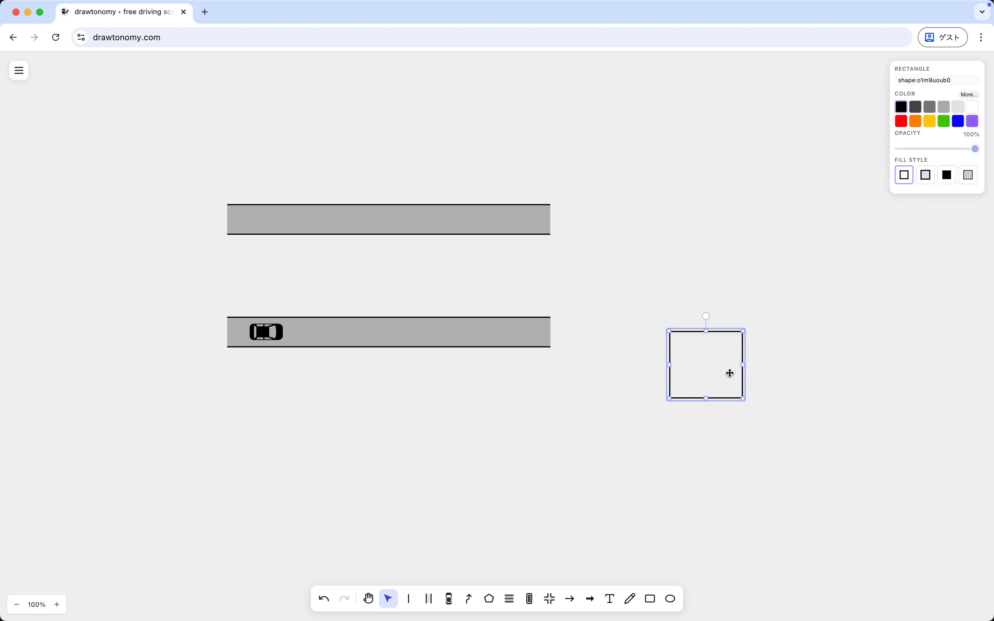 Rectangle being drawn near a vehicle; a dashed line shows the snap target