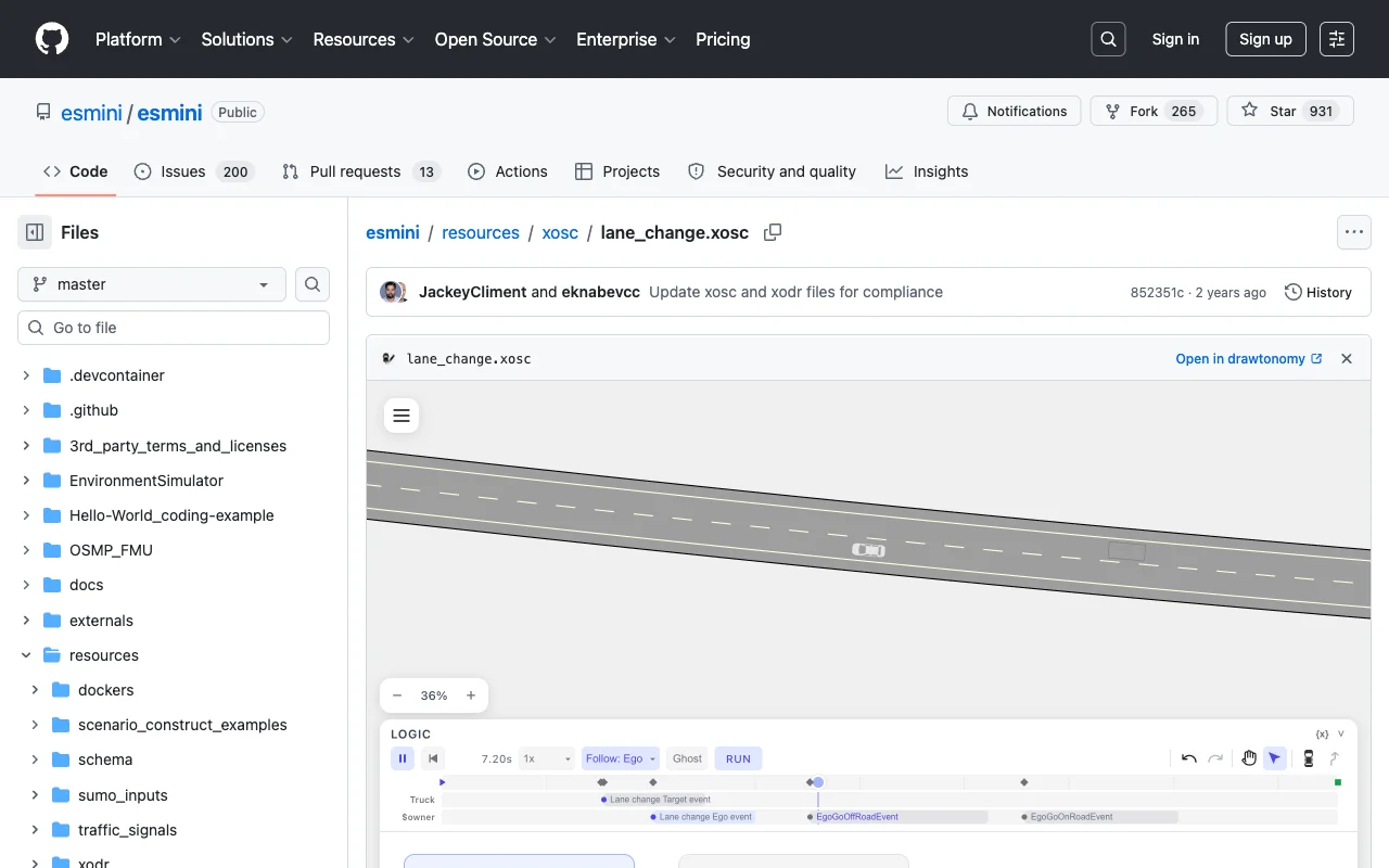 The drawtonomy for GitHub listing on the Chrome Web Store, showing a lane_change.xosc scenario previewed inline on a GitHub file page