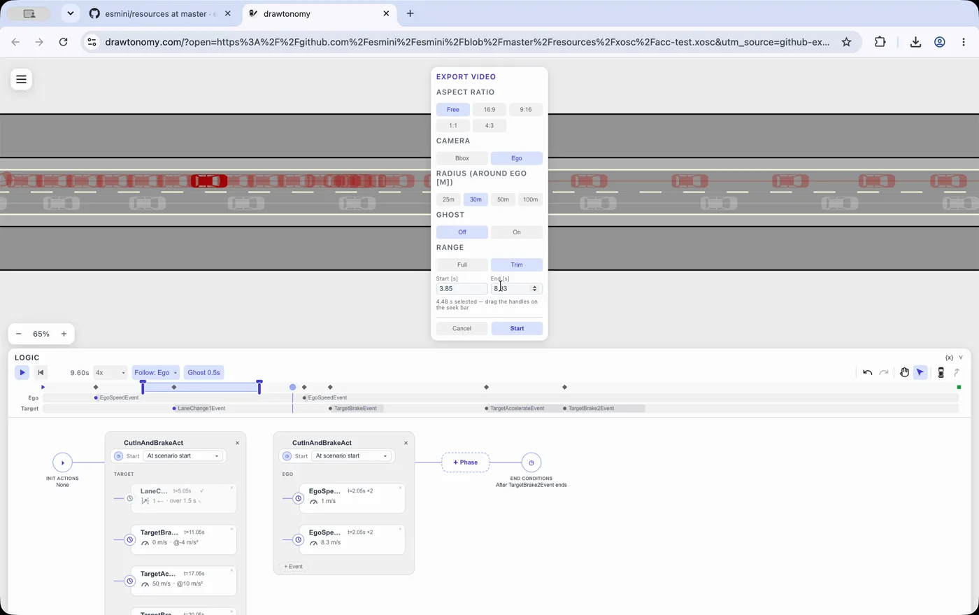 The EXPORT VIDEO panel with aspect ratio, camera, radius, ghost, and a Trim range of 3.85 s to 8.33 s