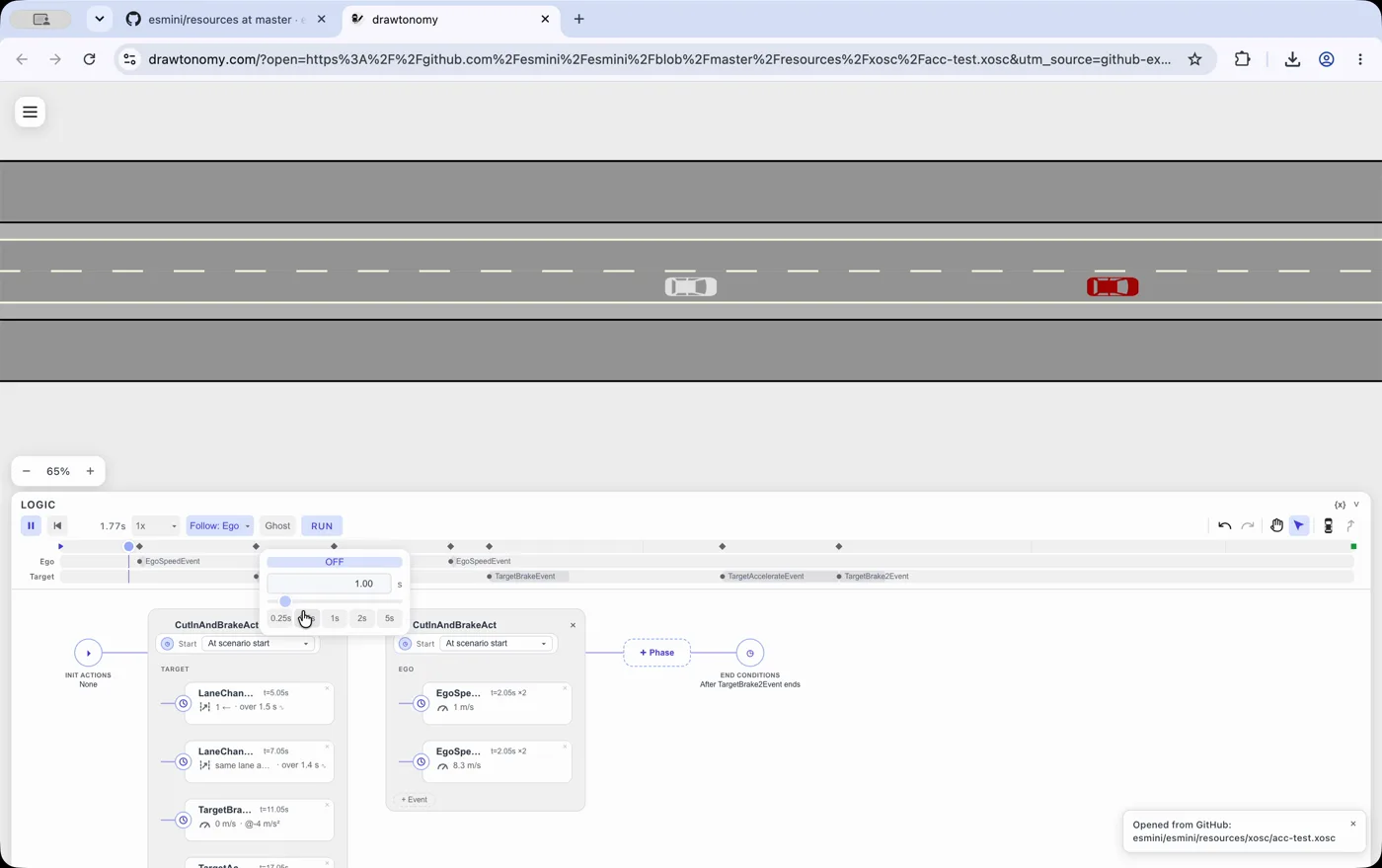 The acc-test scenario open in the full drawtonomy editor in a new tab, with the toast confirming it was opened from GitHub