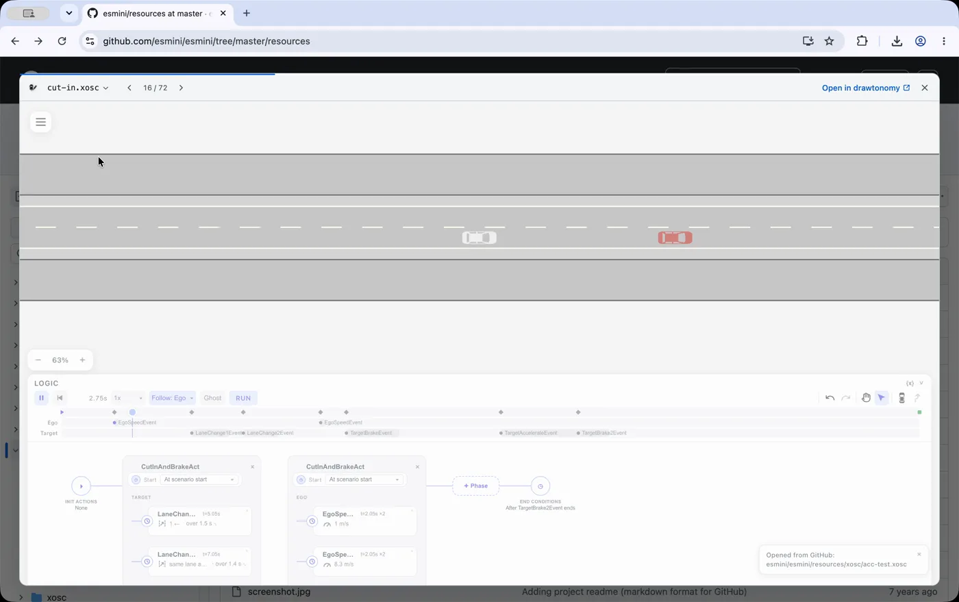 The cut-in.xosc scenario playing inside the preview on GitHub, with the LOGIC timeline showing CutInAndBrakeAct events