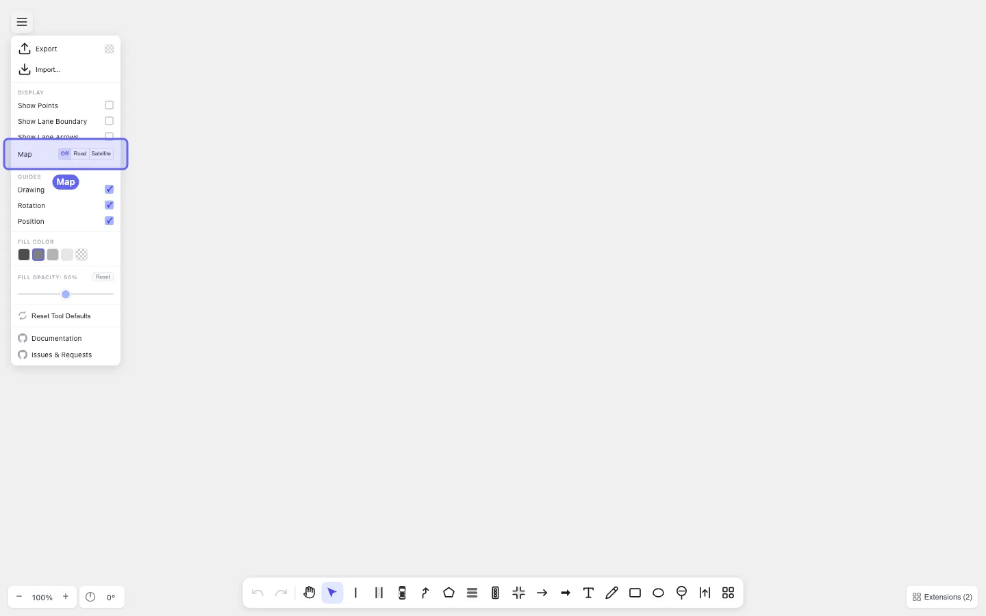 Menu opened with the Map row highlighted; choices are Off / Road / Satellite