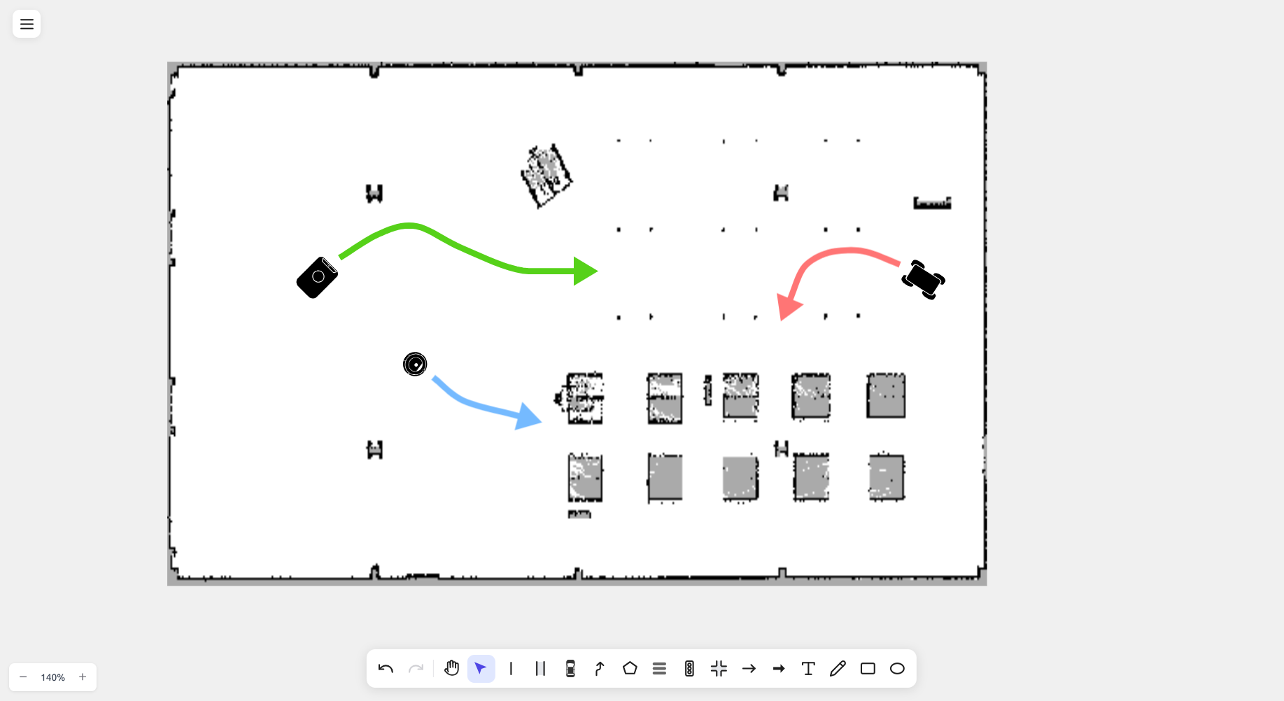 A ROS occupancy grid imported into drawtonomy with arrows and shelves drawn on top