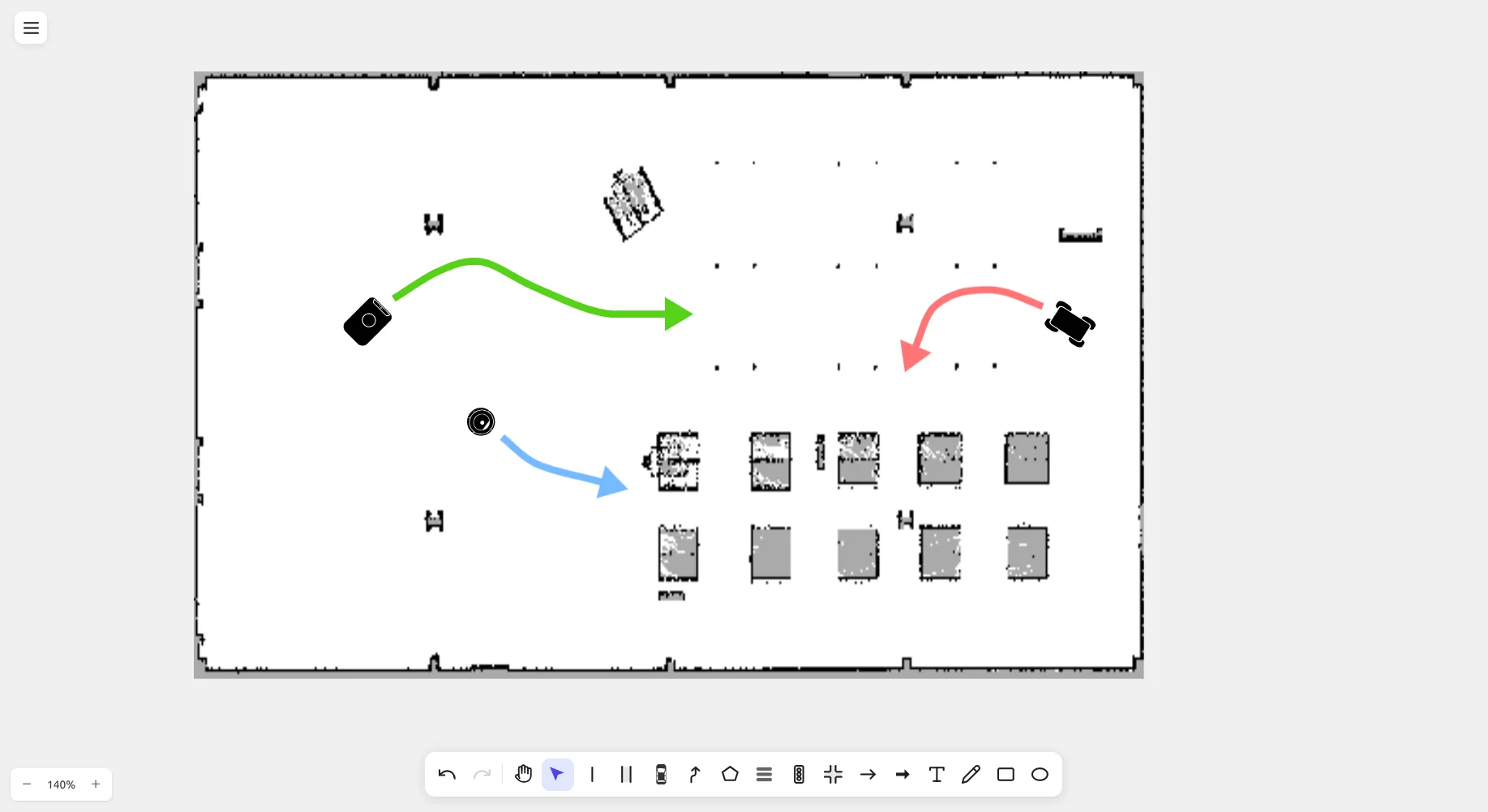 A ROS occupancy grid imported into drawtonomy with arrows and shelves drawn on top