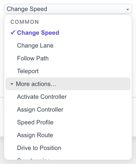 The ACTION dropdown open — the four COMMON actions above a More actions… row expanded to reveal the rest