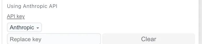 The API key row in the AI panel: a provider dropdown set to Anthropic, a key field, and a Clear button