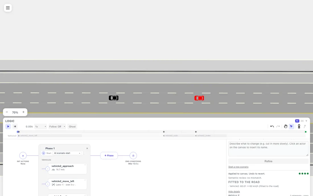 The result panel after a successful generation, with the applied scenario and the semantic review line