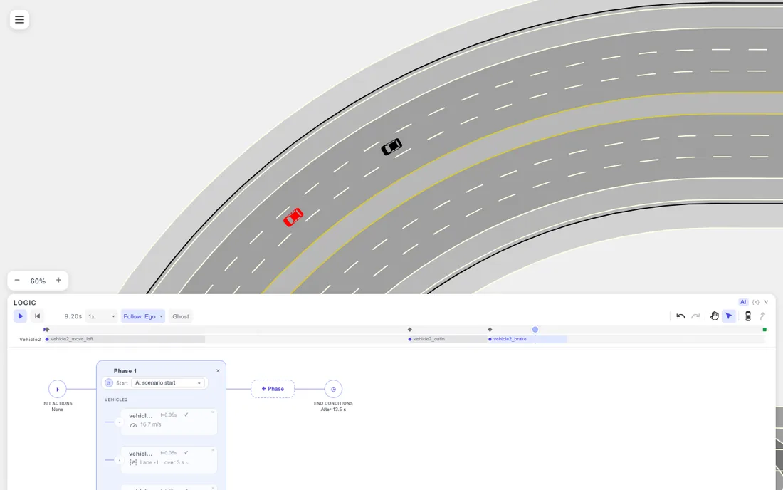 The moment of the cut-in: the red car settles into the ego's lane and starts braking