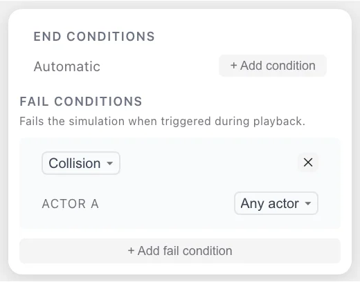 The END CONDITIONS node's attribute panel, showing END CONDITIONS set to Automatic above a FAIL CONDITIONS section with a Collision row