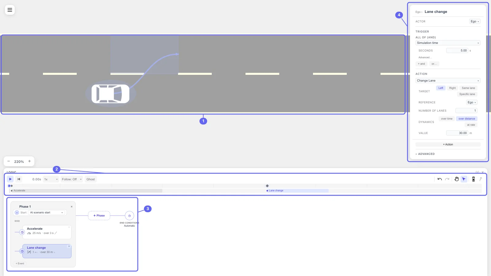 The scenario editor — canvas with the road and actor, transport row, phase/event graph, and event editor