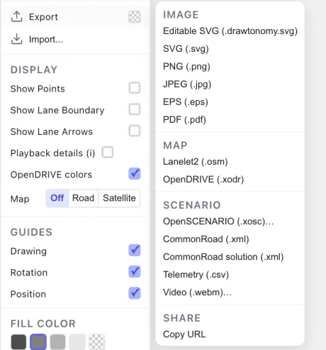 The Export submenu with Telemetry (.csv) listed under the SCENARIO heading, next to Video (.webm)…