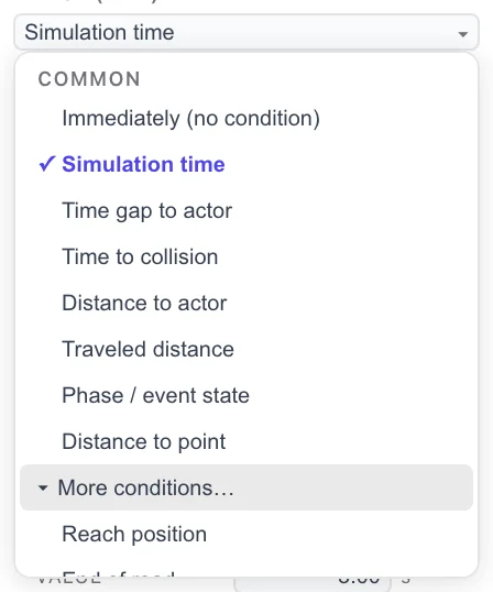 The TRIGGER dropdown open — the eight COMMON conditions above a More conditions… row expanded to reveal the rest