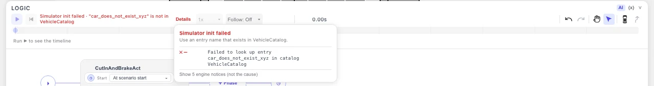 The Details popover: a fix hint, the verbatim esmini error line, and a collapsed "Show 5 engine notices" row