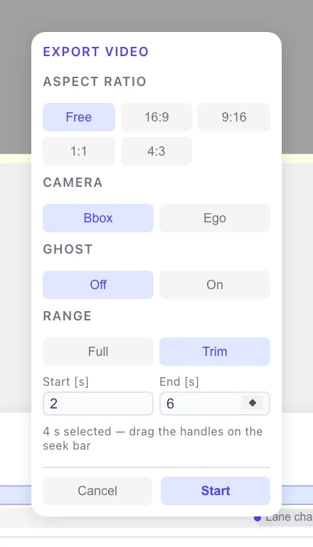 The Export video dialog with RANGE set to Trim, showing the Start and End inputs and the selected length