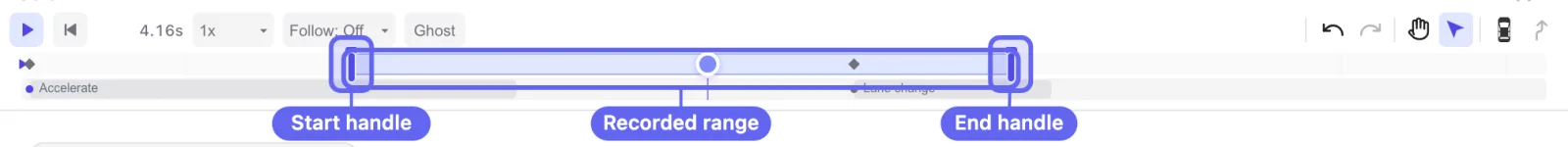 The seek bar with Trim on — the recorded range highlighted between a start and an end handle, the run dimmed on both sides