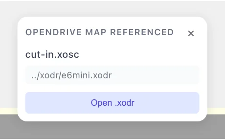 The OPENDRIVE MAP REFERENCED banner — the .xosc name, the .xodr it references, and an Open .xodr button